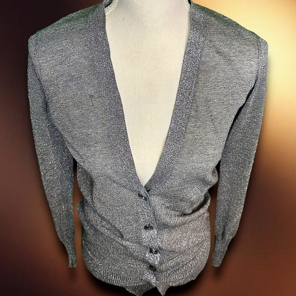 Tory Burch Silver Metallic Shimmer Button Down Long Sleeve Cardigan Size XS - Picture 3 of 10